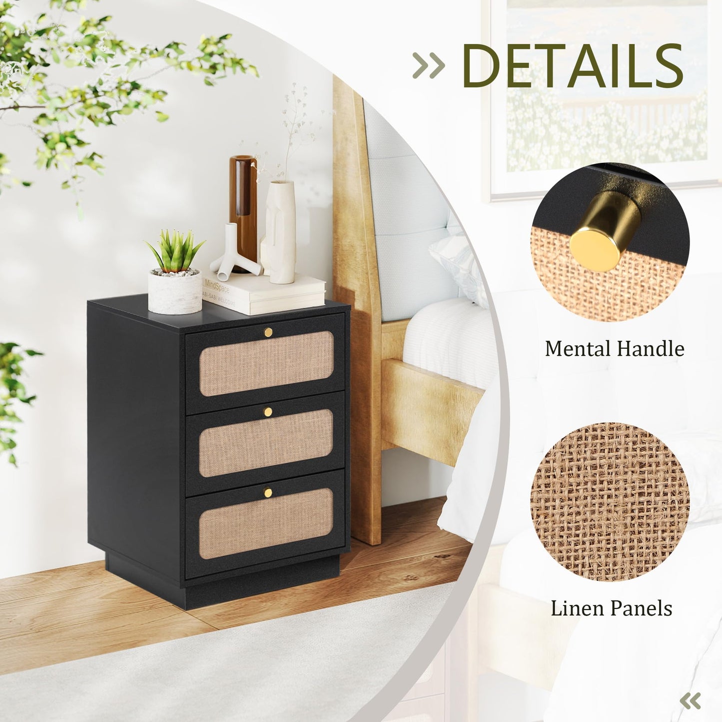 AVZEAR Mid Century Night Stand Set of 2, Modern Nightstand with 3 Drawers & Curved Linen Panel, Farmhouse End Table Wood Bedside Table Small Side Table for Small Space, Bedroom(Black)