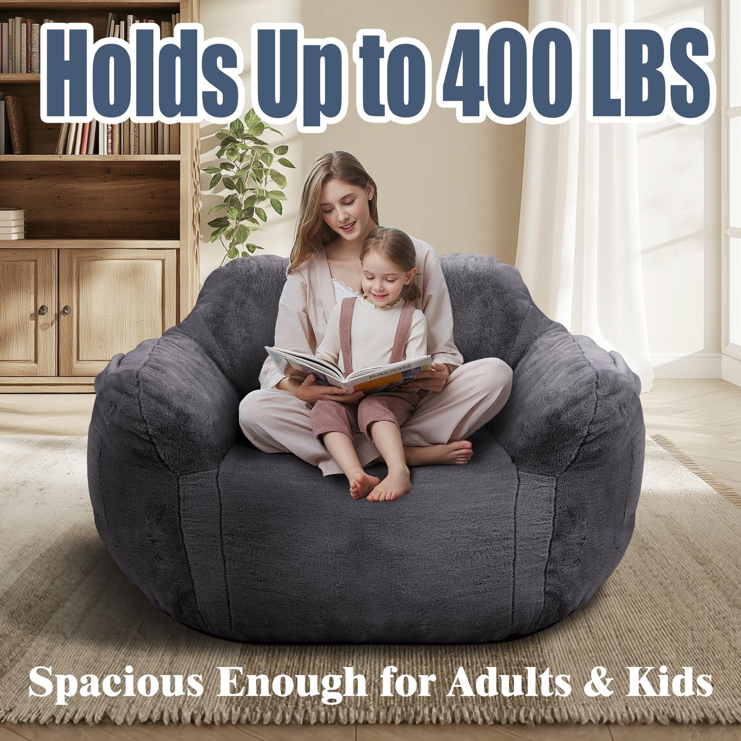 Thoustars Large Bean Bag Chairs for Adults - Oversized Memory Foam Filled Bean Bag Sofa | Fluffy Adult Bean Bag Chair, Big Bean Bag Chairs for Living Room, Bedroom & Dorm - Dark Gray