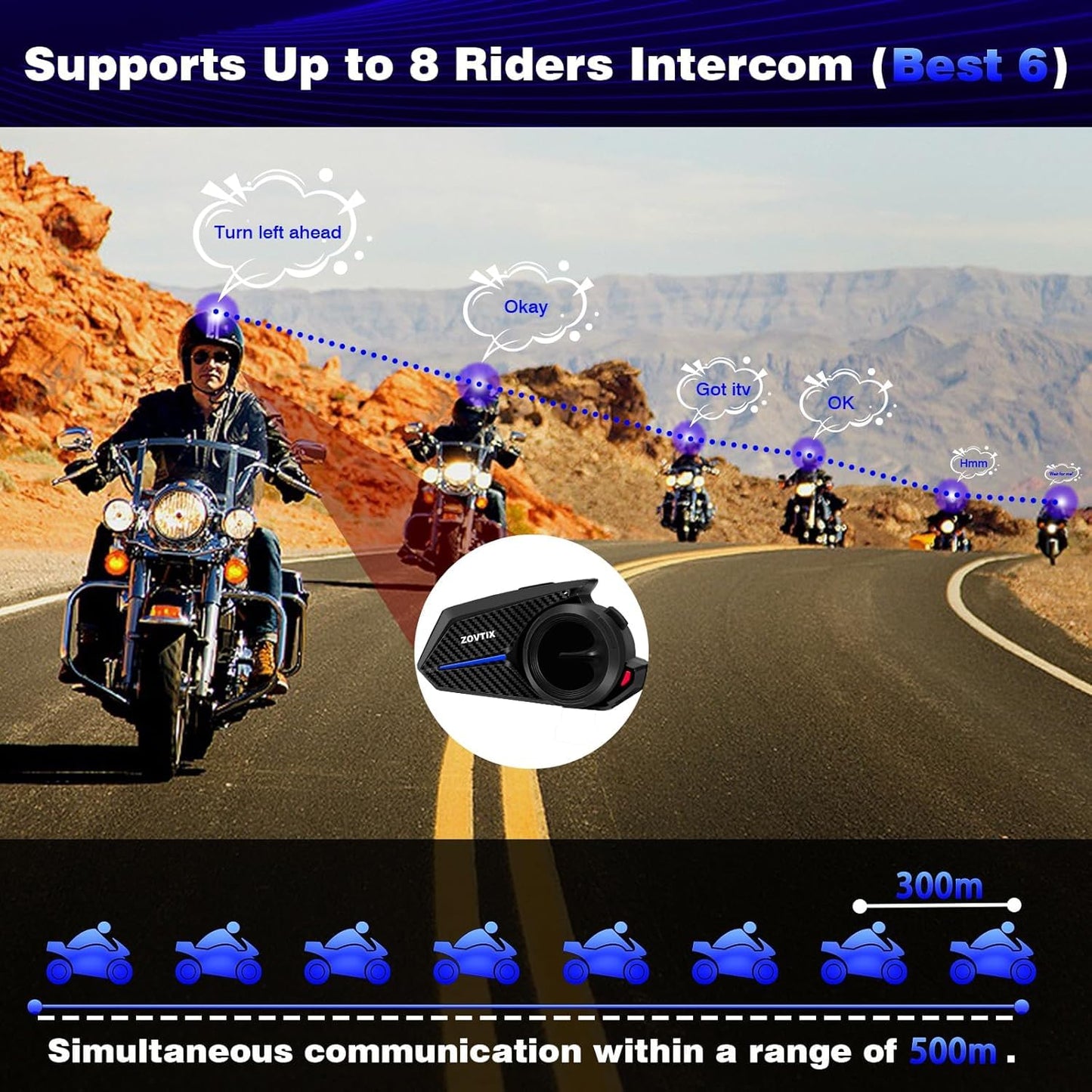 ZOVTIX Motorcycle Helmet Headset, 8 Riders Intercom Headset Communication System Speakers with Music Sharing/HiFi Sound/3 EQ Music Modes/DSP&CVC Noise Cancellation/IP67/FM Radio/Wake up Siri (2 Pack)