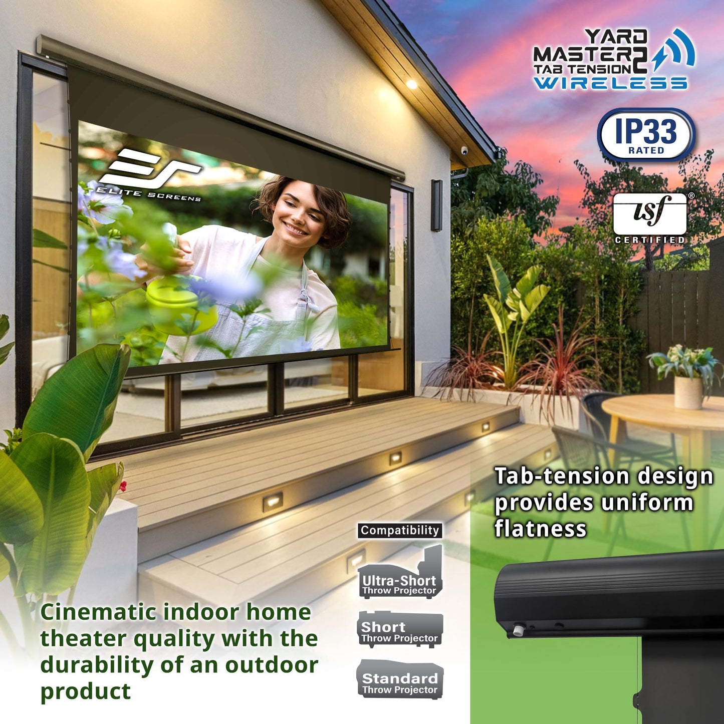 Elite Screens Yard Master 140-INCH Tab-Tension Wireless Outdoor Projector Screen – Built-in Battery, IP33 Rated Water-Resistant Backyard Movies Outdoor Entertainment, OMS140WHT2-ELECT-BAT
