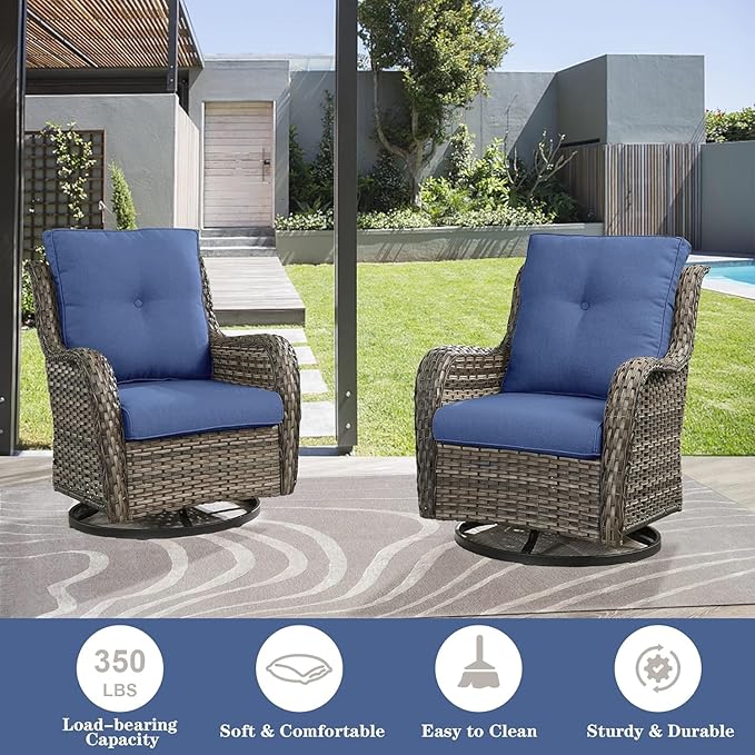 Belord Wicker Patio Furniture Sets - 8 Piece Rattan Outdoor Furniture Conversation Sets with 4 Swivel Rocker Chairs, Rattan Sofa, Wicker Ottomans and Coffee Table, Mixed Grey/Blue