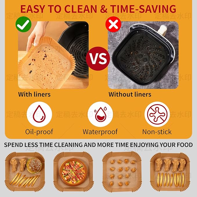 40GSM Air Fryer Paper Liners, 125Pcs 8 inch Disposable Parchment Paper for 5-8 qt Basket Air Fryer, Non-Stick Oil-Proof Heat Resistant Food Grade for Cooking, Roasting & Frying, Square 8"
