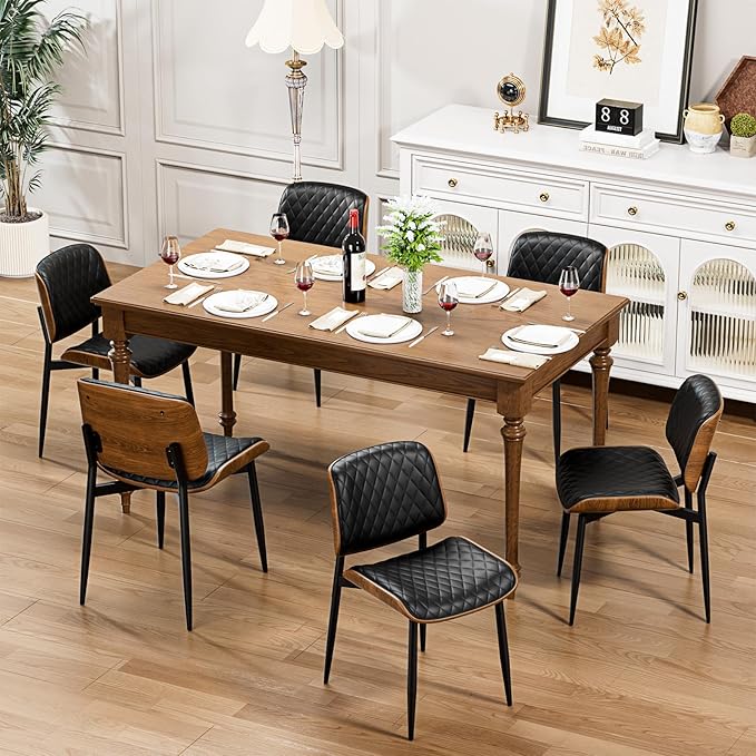 YaFiti Dining Chairs Set of 8, FSC Certified Mid Century Modern Accent Dining Room and Kitchen Chairs, Upholstered PU Leather Diamond Check Chairs with Walnut Bentwood and Metal Legs, Black