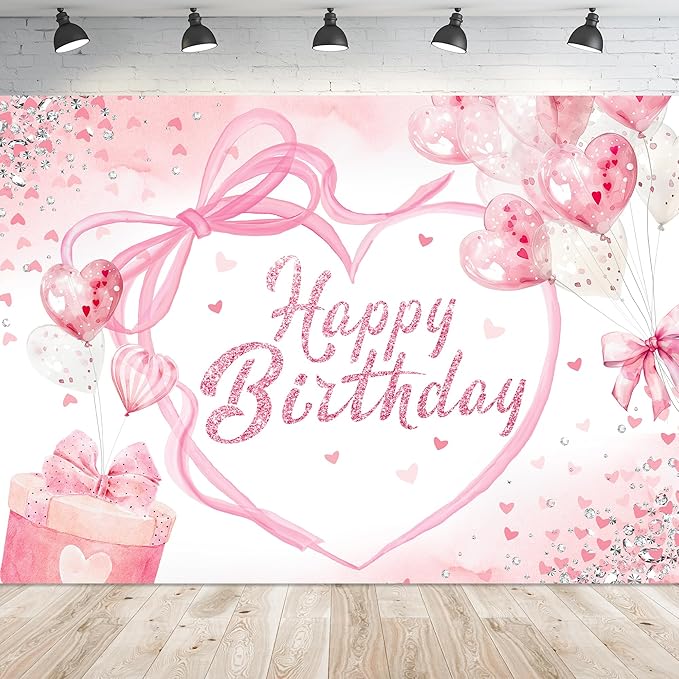NEWsely Pink Bow Birthday Party Decorations Backdrop 7Wx5H Photography Coquette Birthday Decorations for Girl Happy Birthd...