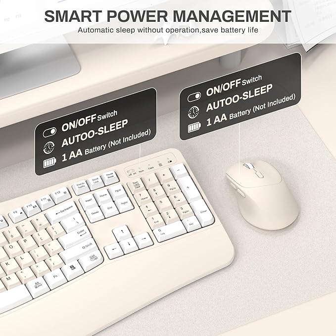 Ergonomic Wireless Keyboard and Mouse Combo, Wave Keys Keyboard with Wrist Rest for Natural Typing, 3 DPI Adjustable Ergonomic Silent Mouse for Computer/Laptop/Windows/Mac (Latte Color-A)