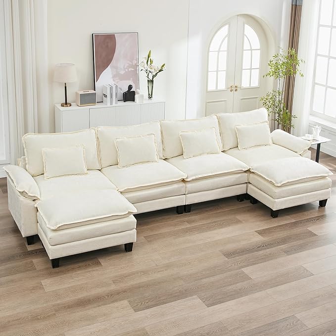 URRED Cloud Couch Modular Sectional Sofa, 157" Modern U Shaped Deep Seat Sofa with 2 Ottomans & Pillows, Ultra Comfy Chenille Couches for Living Room, Bedroom or Apartment, White | Chenille Fabric, Skin Friendly, Breathable, Ergonomic Design, Flexible ...