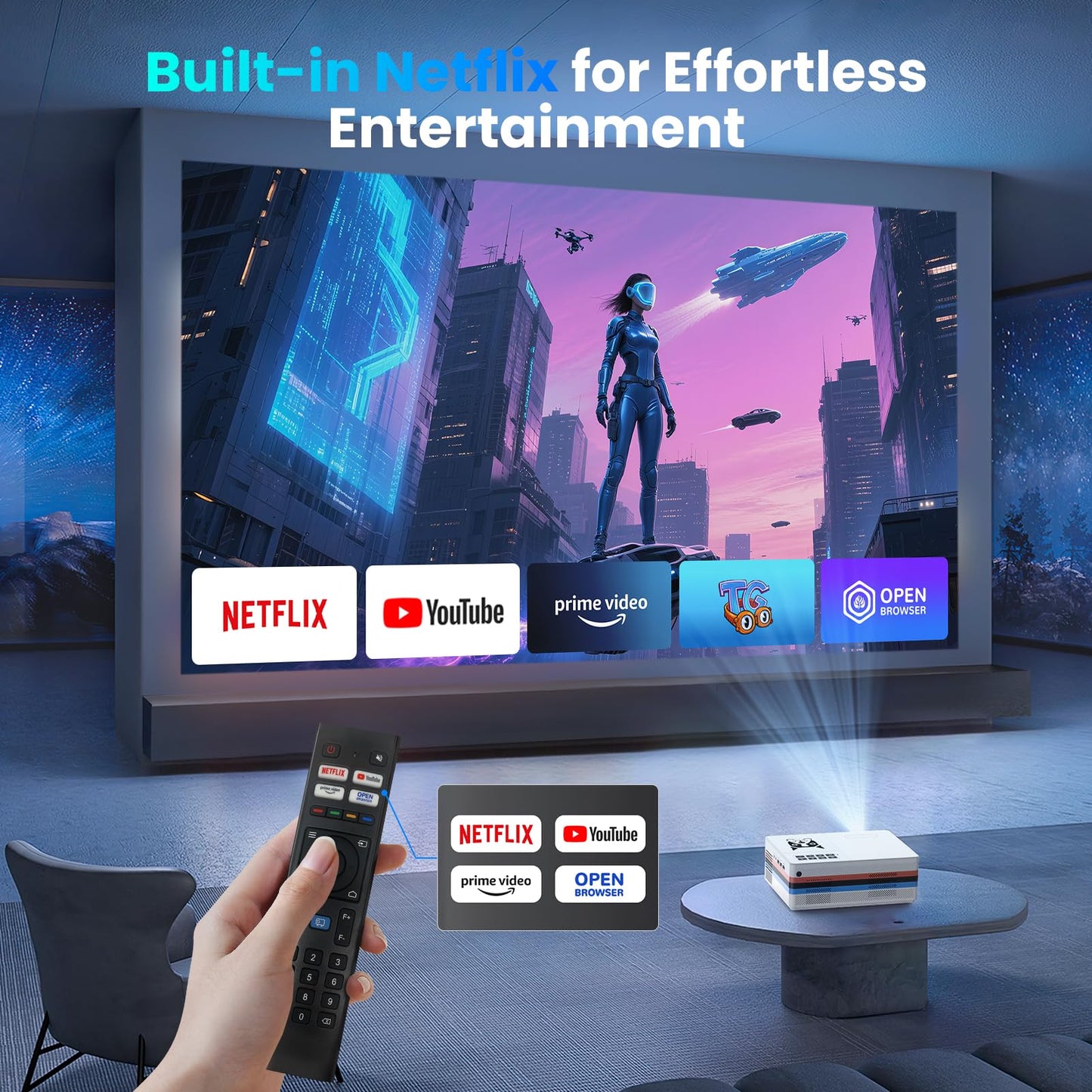 [Compatible with Netflix, 2000 ANSI] Smart Projector with WiFi 6 and Bluetooth 5.3, Electric Focus Auto Keystone, Native 1080P Outdoor Movie Projector with PrimeVideo/YouTube, for HDMI/USB/iOS/Android