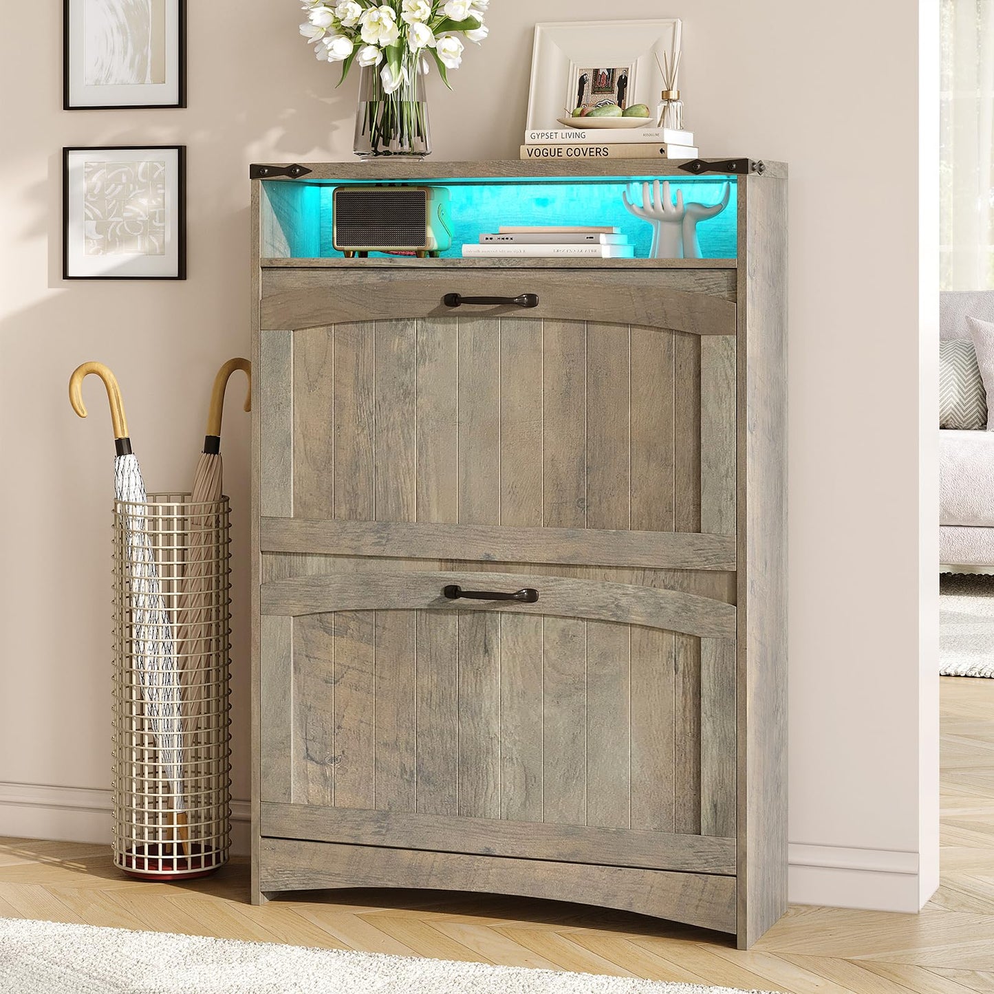 Maupvit Shoe Storage Cabinet with 2 Flip Drawers & Open Storage & RGB Lights, Narrow Shoe Rack Organizer Cabinets, Slim Shoe Cabinet for Entryway, Entrance, Hallway, Foyer, Rustic Grey
