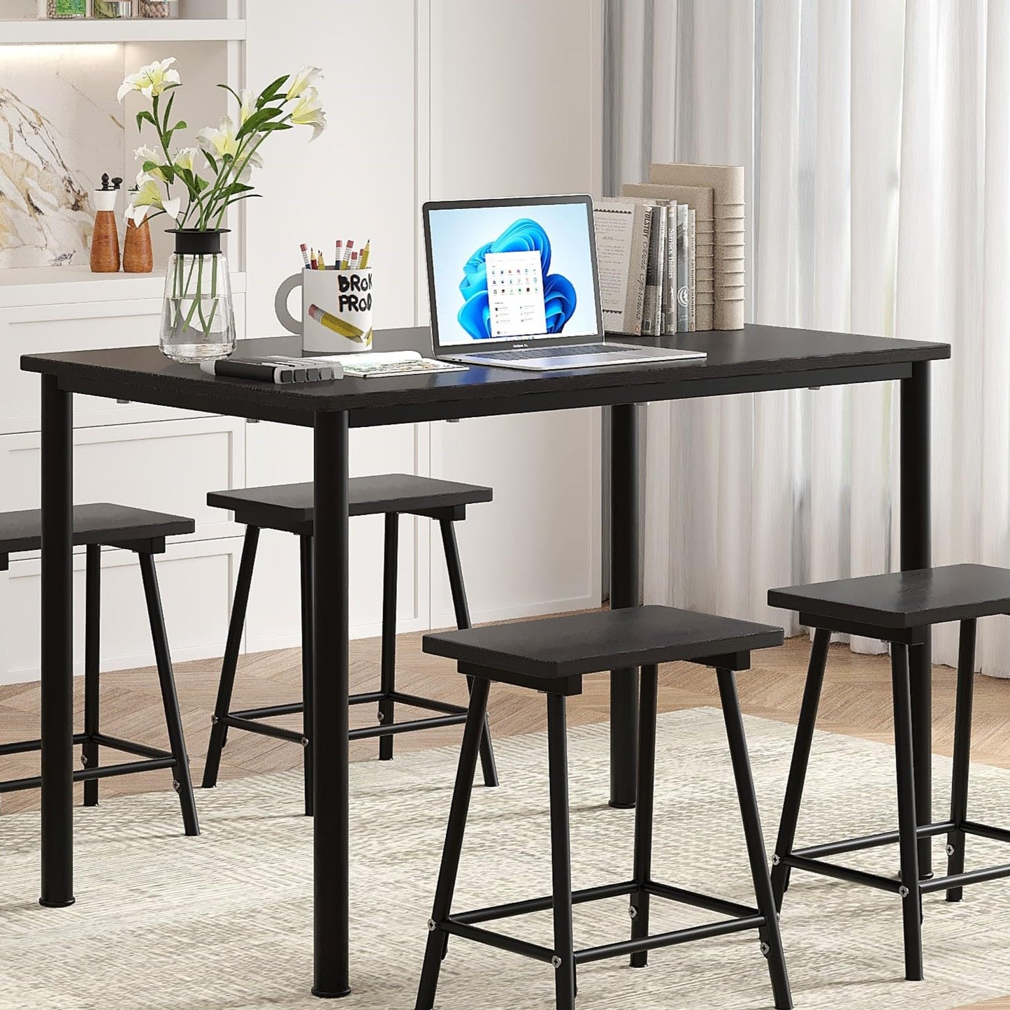 VECELO Kitchen Table and Chairs for 4, Dining Room Set with Chairs/Stools, Heavy-Duty Metal Frame with Wooden Tabletop for Small Spaces, Easy Assembly, Elegant Black