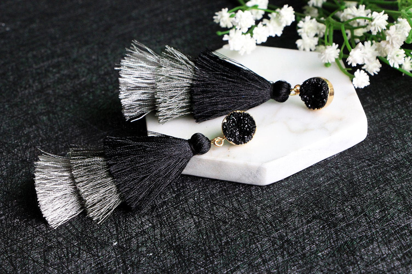 Black Grey Tiered Statement Tassel Earrings Studs Layered Fringe Black Tassel Dangle Drop Earrings for Women Boho Jewelry Birthd