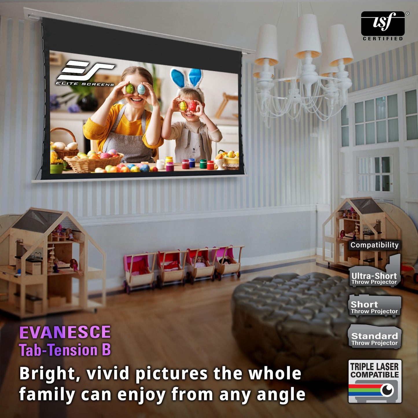 Elite Screens Evanesce Tab-Tension B, 120-inch 16:9, 4K / 8K HD, Recessed in-Ceiling Electric Tab Tensioned Projector Screen, Matte White Projection Screen Surface Programmed Remote Kit, ETB120HW3-E8