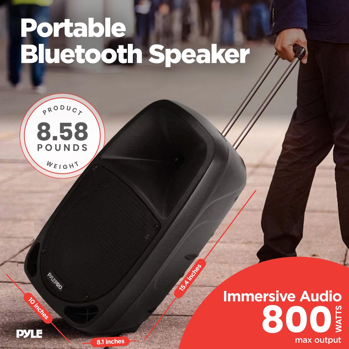 Pyle 800W Portable Bluetooth Pa Speaker - 8 Subwoofer, Led Battery Indicator Lights W/ Built-In Rechargeable Battery, Mp3/Usb/Sd