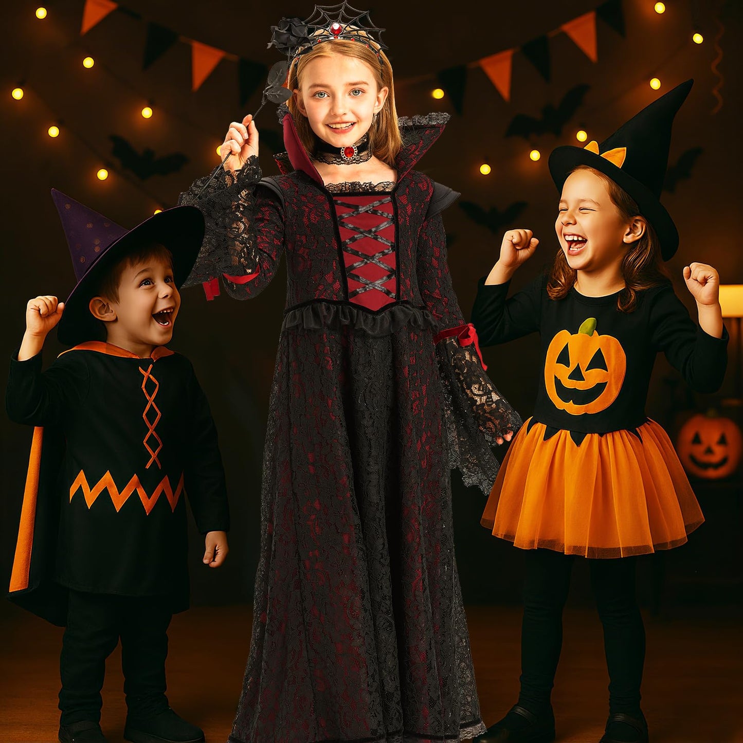 LETIME Vampire Costume for Girls Halloween kids Royal Vampire Dress Elegant Gothic Outfit for Trick-or-Treat & Parties