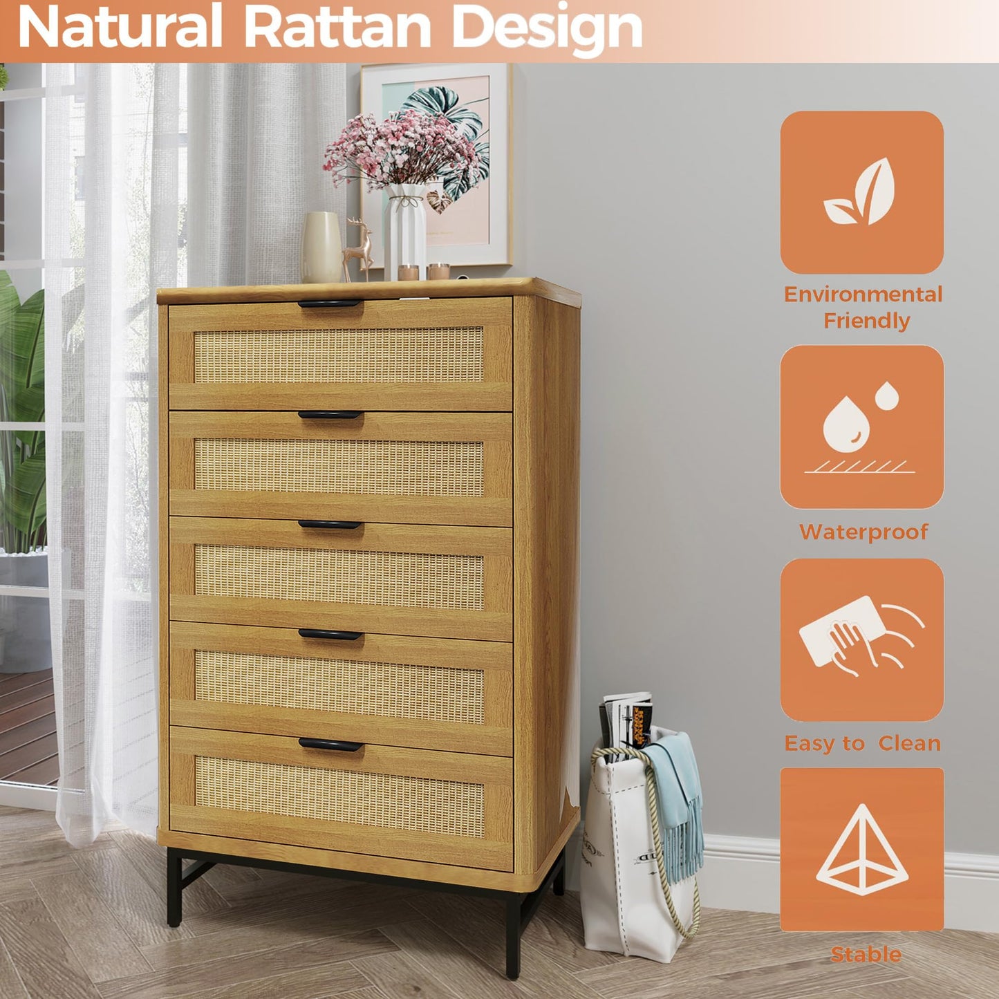 ALBSL 5-Drawer Dressers,Tall Dresser Vertical Storage Tower for Bedroom,Rattan Chest of Drawers Organizer Unit with 5 Drawers, Storage Cabinet for Hallway,Living Room and Entryway,Natural