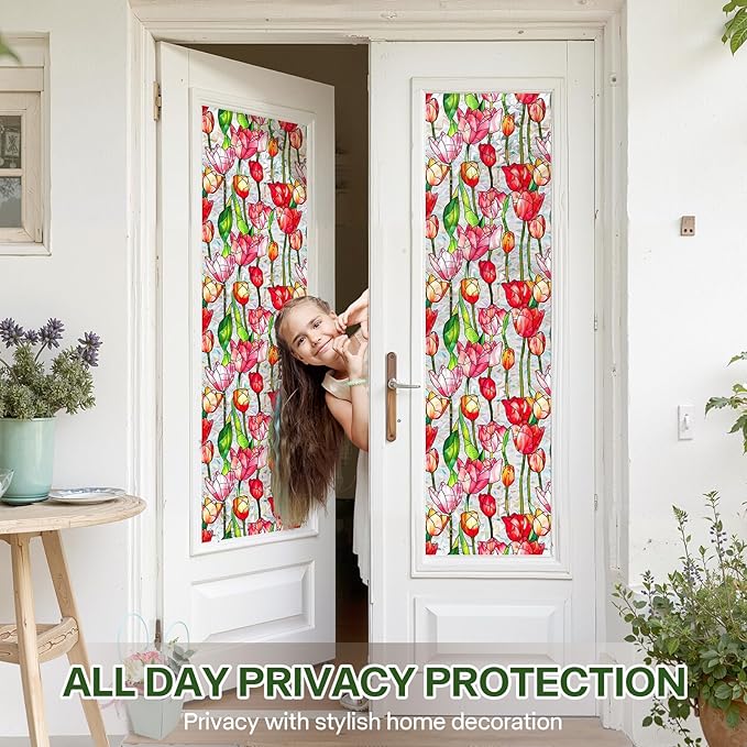 Stained Glass Window Film UV Resistant Window Privacy Film Red Floral Privacy Rainbow Decals Living Room Bedroom Sun Blocking Decor Removable Static Cling Stickers 17 x 39.37 Inch