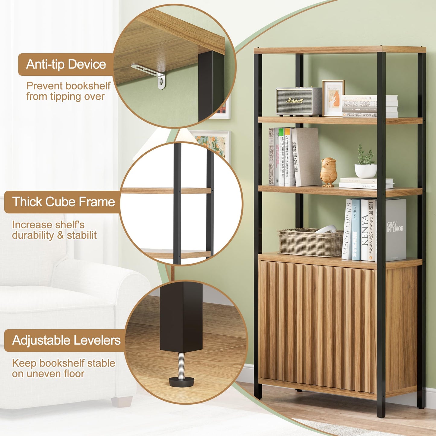 UEV 5 Tier Wood Boho Bookshelf with Storage Door,Fluted 71 in Tall Bookshelf with Metal Stand,Mid Century Modern Large Accent Bookcase for Living Room,Bed Room (Wood, 1 Piece)