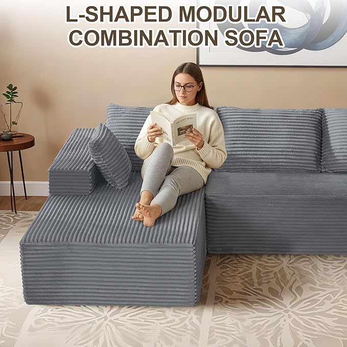 UMBFUN 110" Cloud Sectional Couch for Living Room, Boneless Couch with L-Shape Chaise, Modular Sectional Sofa with Deep Seat, Oversized Modular Sofa for Bedroom, No Assembly Required, Corduroy