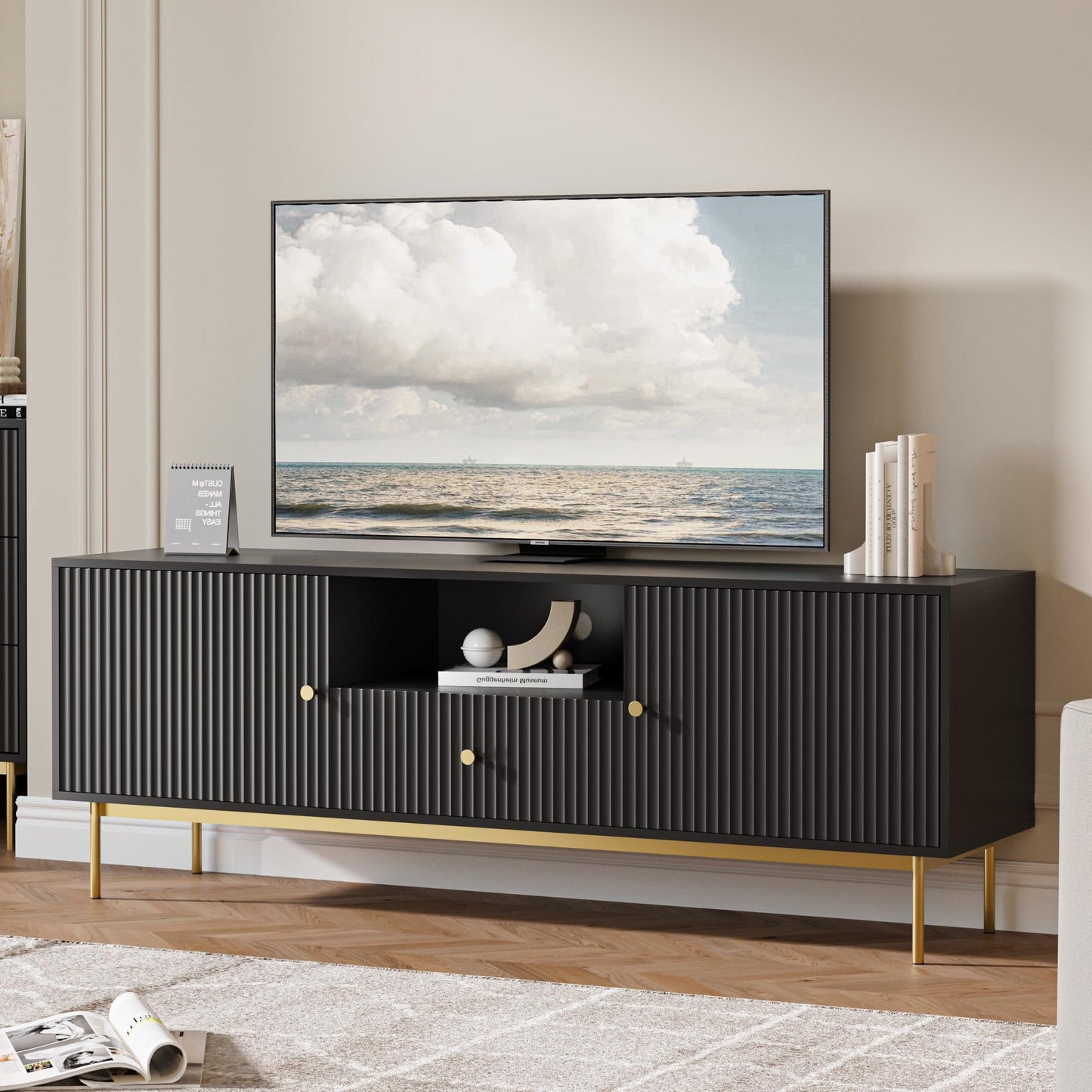 MAISONARIA Fluted TV Stand, Modern TV Stand for 70 Inch TV, Entertainment Center with 2 Storage Cabinets, Fluted Panel Media Console for Living Room, Bedroom, Office, Black