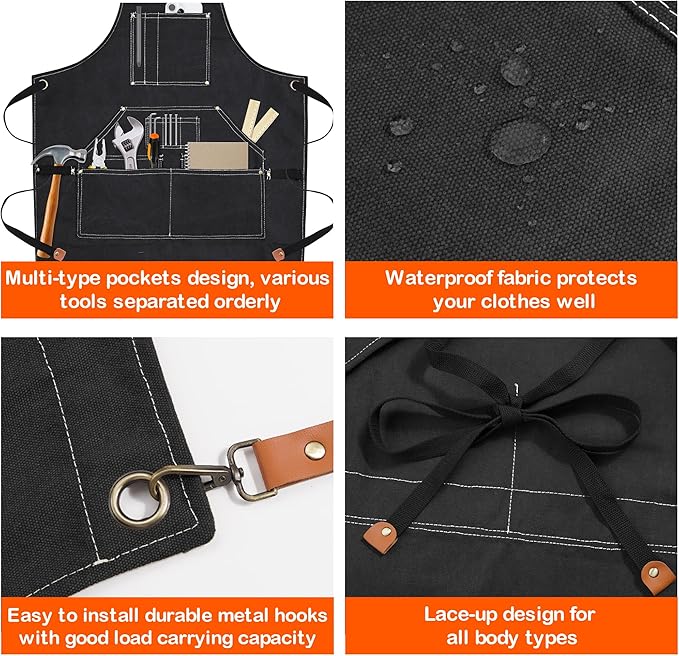 Yxiang Black Handmade Work Apron with 11 Tool Pockets, Heavy Duty Waxed Canvas Workshop Tool Aprons Woodworking Apron