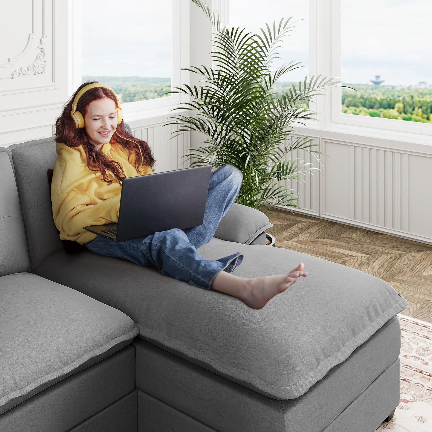 U Shaped Sectional Couch for Living Room,110" 4-Seater Comfy Couch with Double Chaise,Deep Seat Modular Sofa Couches with Thick Cushion & Soft Backrest,Light Grey