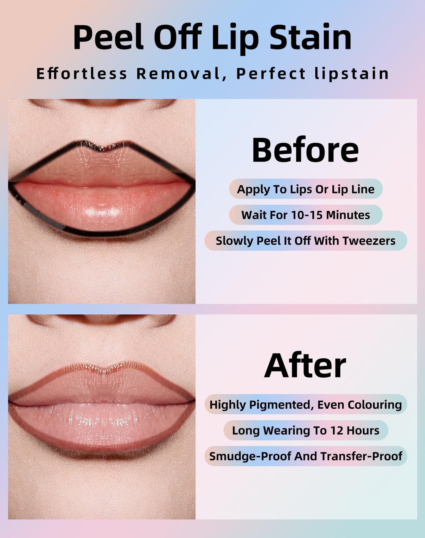 KIMUSE Lip Stain Peel Off, Peel Off Lip Liner Stain with Tweezer, Long Lasting, Waterproof, Transfer Proof Lipstains Color, Smud