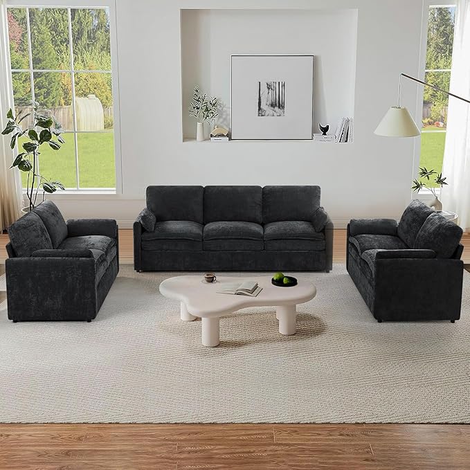 ACMEASE 3 Pieces Chenille Couch Set w/Arm Pillows, Upholstered 2 Pieces Loveseat & 3 Seater Sofa w/Comfortable Back Cushions, Modern 2-Seat & 3-Seat w/High-Density Foam for Living Room, Black