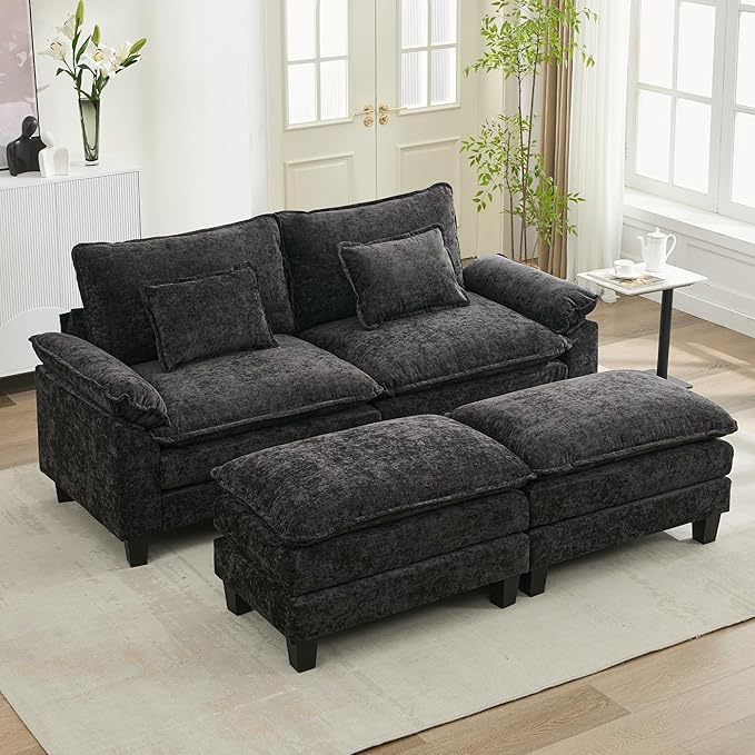 URRED Cloud Couch Modular Sectional Sofa, 87" Modern Loveseat Sofa with 2 Ottomans & Pillows, Ultra Comfy Chenille Couches for Living Room, Bedroom or Apartment, Black