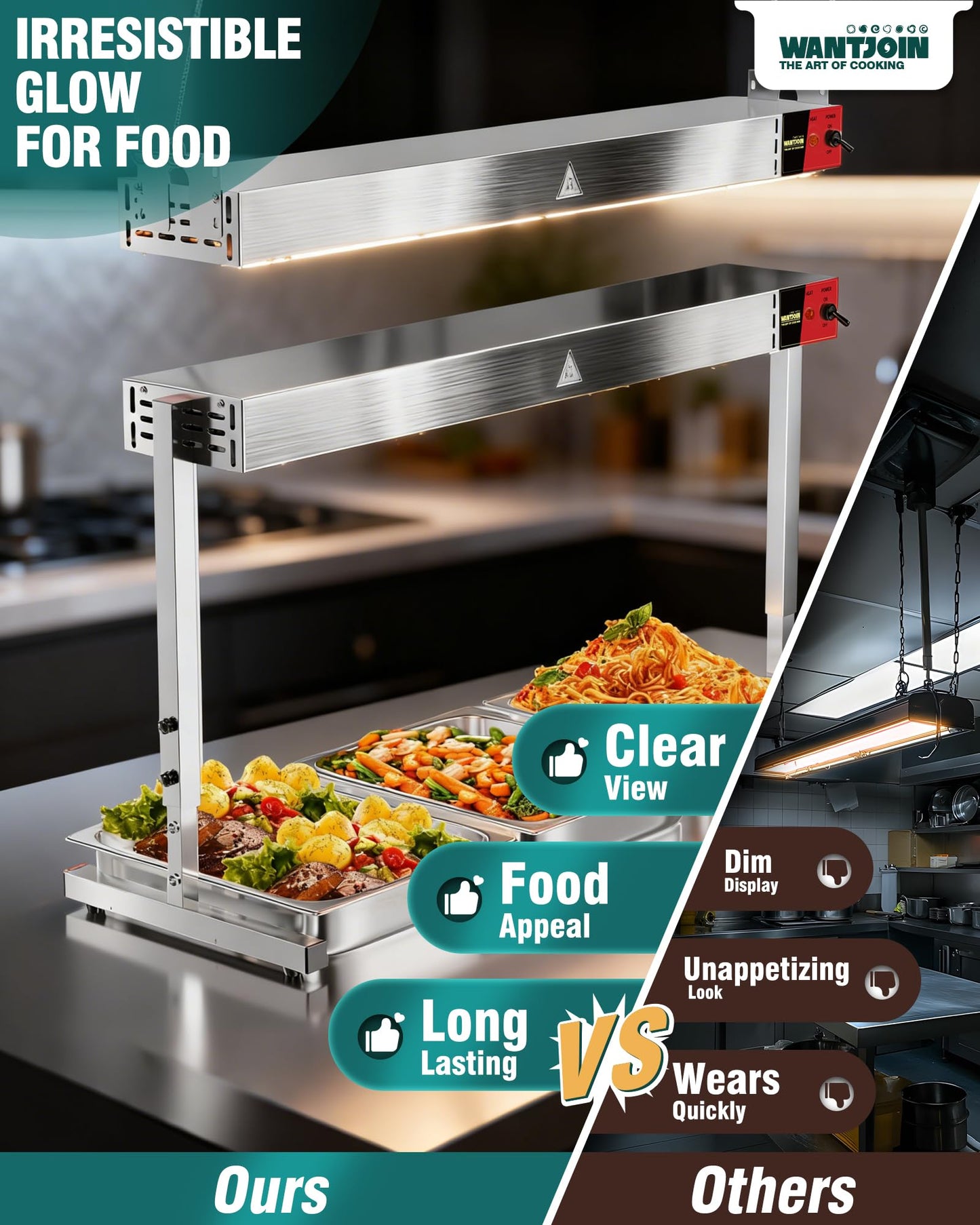 WantJoin Food Heat Lamp 24'' - 800W Commercial Food Warmer Lamp Overhead Hanging & Standing Electric Strip Heating Lamps for Buffet Catering Restaurant Parties, Silver