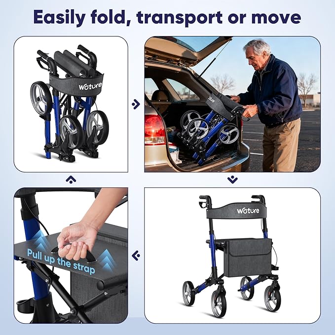 WOTURE Walkers for Seniors, Foldable Rollator Walker with Seat, Height Adjustable, 8'' All Terrain Big Wheels, Lightweight Mobility Aid with Hand Brake & Storage Bag, Blue