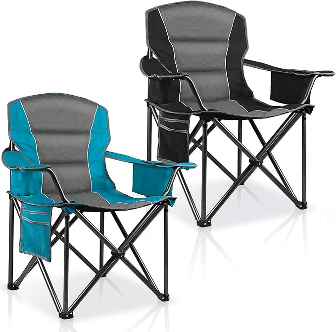 LANMOUNTAIN 2 Pack Padded Oversized Camping Chairs for Adults,Heavy Duty Support 400 Lbs,Folding Portable Lawn Chair w/Cup Holder,Cooler Bag,Side Pocket,Perfect for Outdoor Picnic,Hiking(Blue&Black)