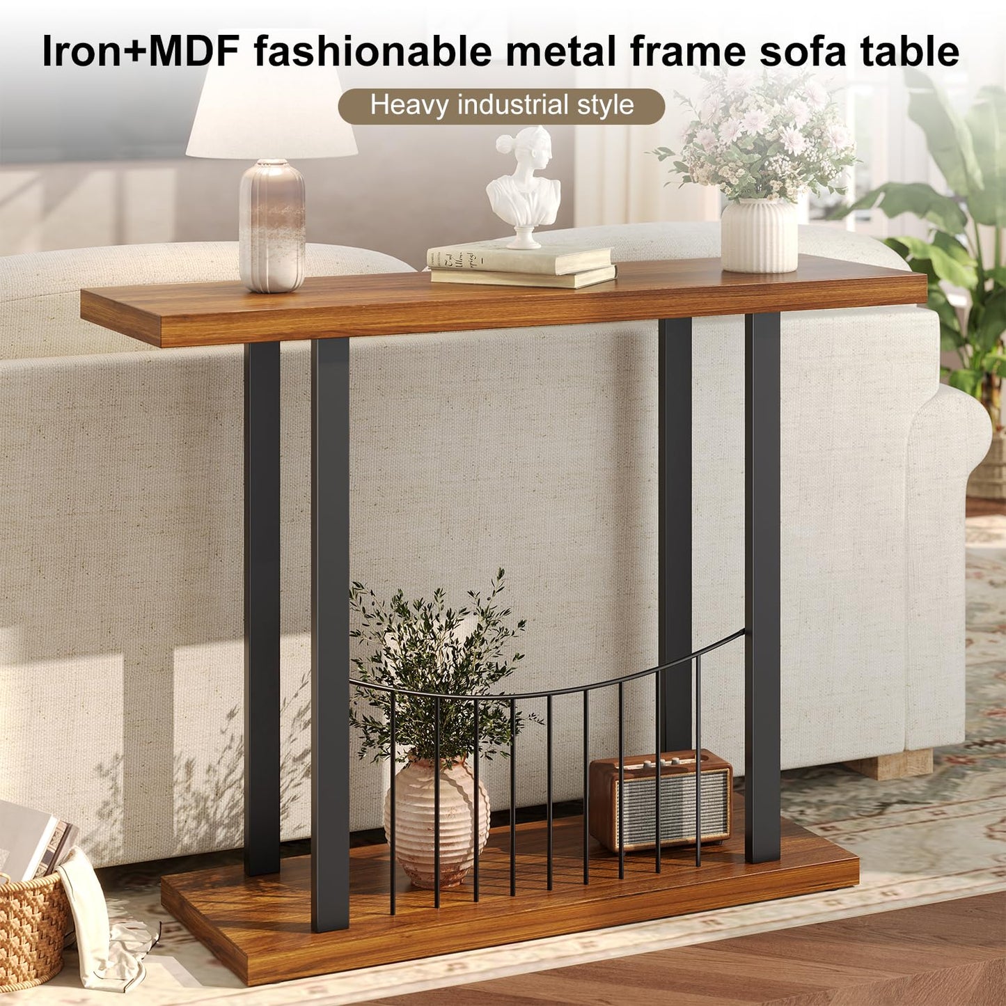 UNIQUITE 39.4 Inch Console Table, Industrial Entryway Table Sofa Tables Behind The Couch for Entrance Hallway Living Room, Rustic Brown