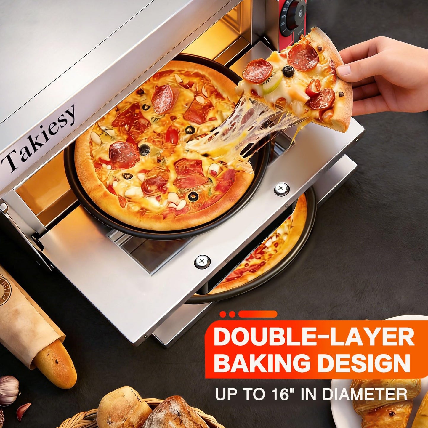 Takiesy Pizza Oven Countertop, 16 Inch Stainless Steel Commercial Double Decker Electric Oven with Pizza Stone and Handle for Home Restaurant Use