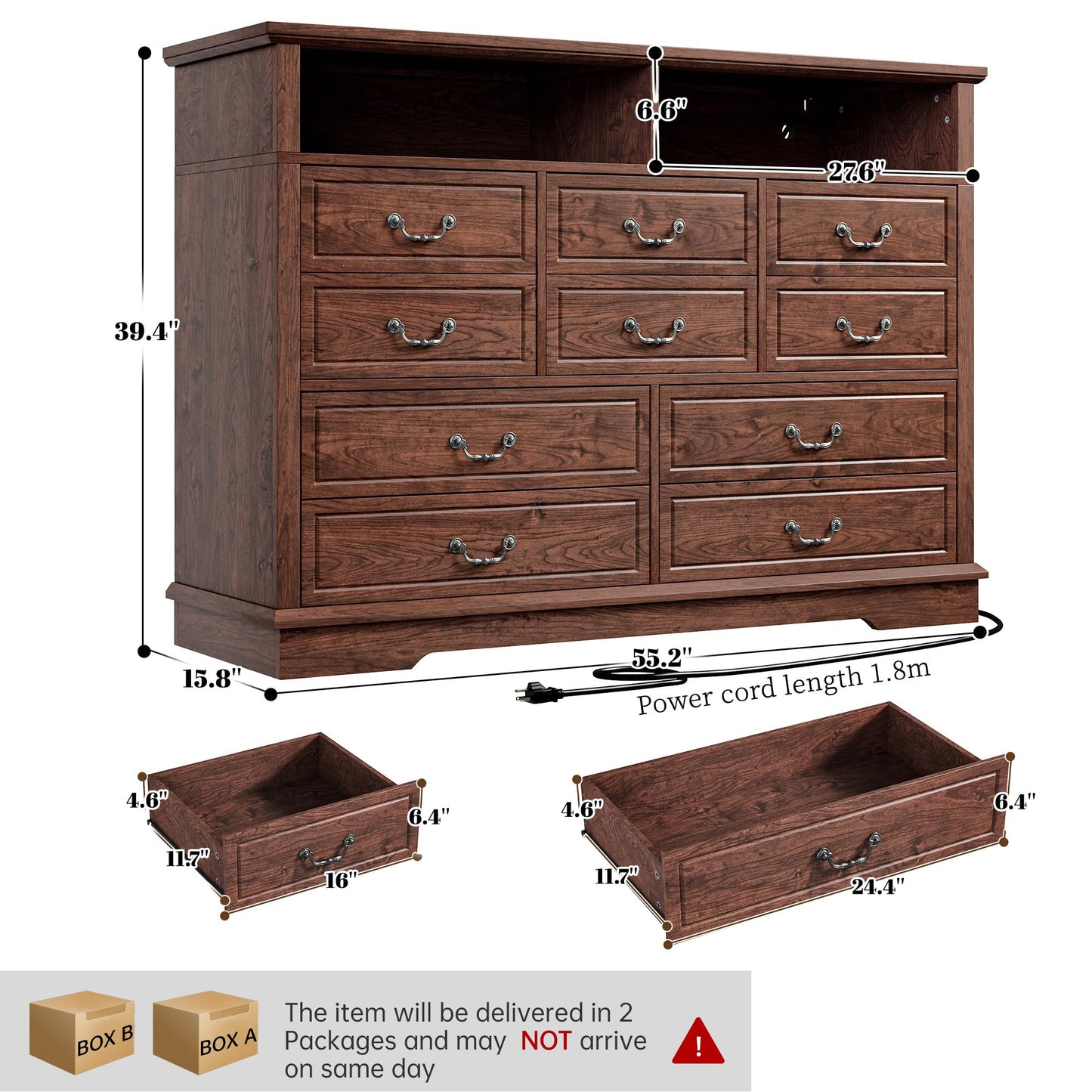 Farmhouse Dresser for Bedroom 55.2''Wide Wood Dresser with LED & Power Outlet Vintage 10 Drawers & Chests of Drawers Long Space Saver TV Stand, Closet, Entryway, Rustic Brown