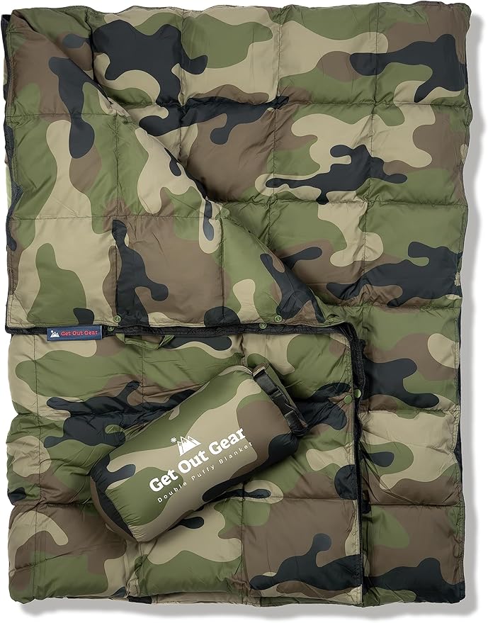 Get Out Gear Down Camping Blanket - Puffy, Packable, Lightweight and Warm | Ideal for Outdoors, Travel, Stadium, Festivals, Beach, Hammock | 650 Fill Power Water-Resistant Backpacking Quilt