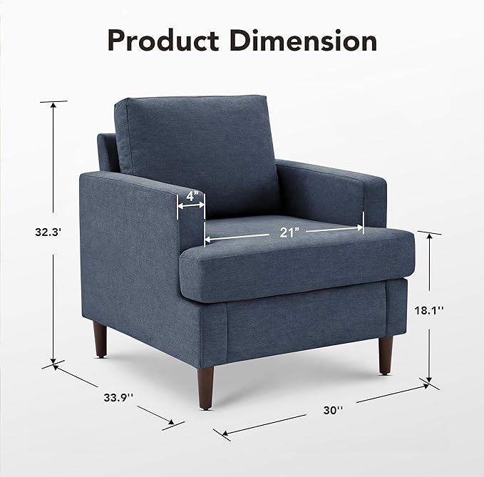 Weture Mid-Century Accent Chair, Comfy Upholstered Reading Accent Chairs for Bedroom, Modern Linen Fabric Armchair for Living Room, Single Sofa Chair with Wood Legs (Blue Grey, 2 Pack)