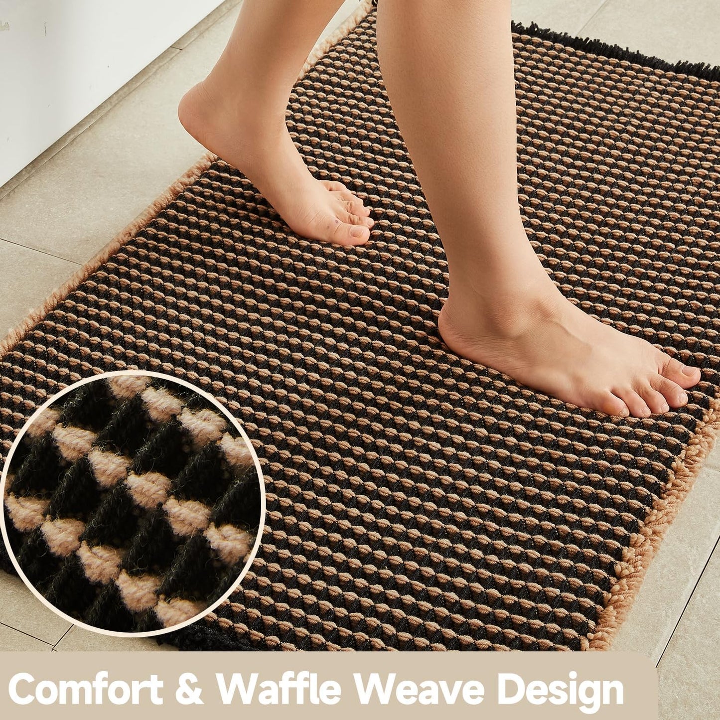 Waffle Runner Rug Bathroom, Long Boho Bathroom Rugs Non Slip Washable Super Absorbent Quick Dry Farmhouse Bath Decor, 72"x24" Khaki and Black