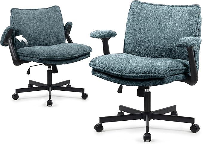 Kassipo Criss Cross Legged Office Chair with Wheels and Flip-Up Arms, Upholstered Criss Cross Desk Chair, Wide Seat Chairs for Home Office, Vanity, Apartment, Green