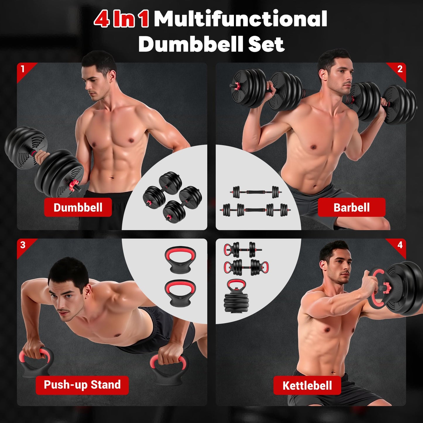 Adjustable Dumbbells, GOIMU 32/54/76/94LBS Free Weight Set, 4 in 1 Dumbbell Set Used as Barbell, Kettlebell, Push Up Stand, Fitness Exercise for Home Gym Suitable Men/Women(76LB)