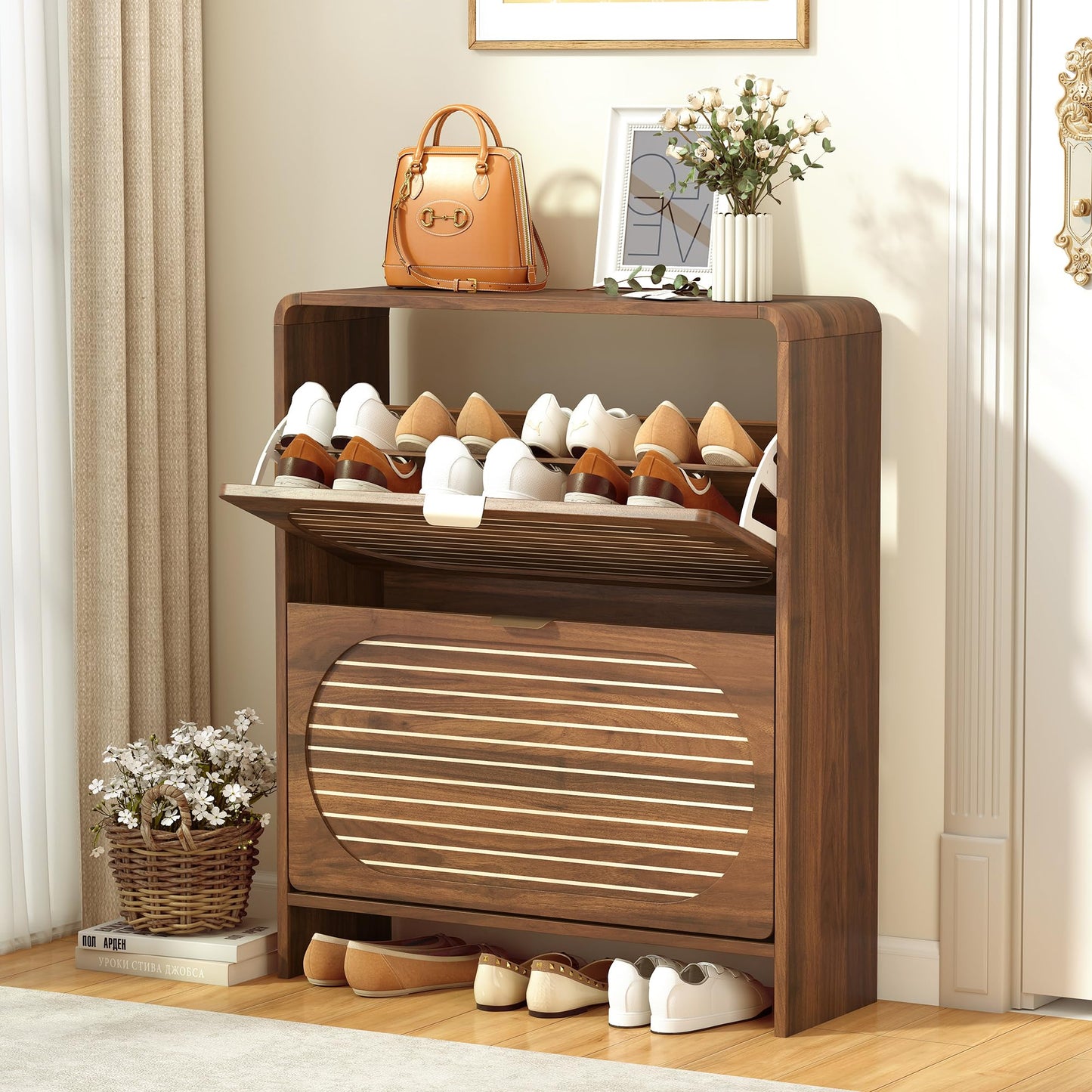 RUSTYER Narrow Shoe Storage Cabinet for Entryway with 2 Flip Drawers, Freestanding Wood Shoe Cabinet with Arched Stripe Panel, Curved Edge Shoe Organizer Closed Shoe Rack for Hallway, Foyer (Walnut)