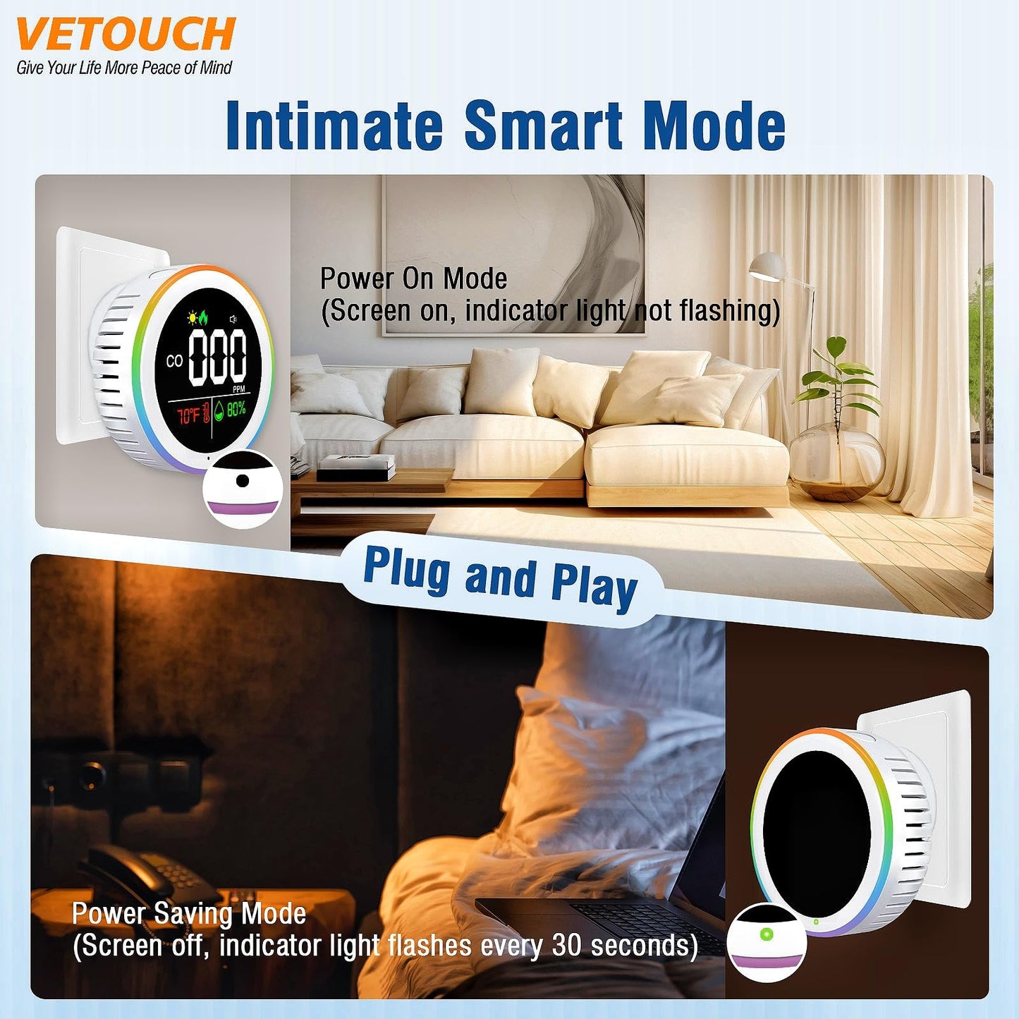 VETOUCH High-Precision CO Detector Ultra-Fast Response Durable & Stable 24/7 Monitoring with Instant Alarm Stable Performance CO Alarm Ultra-Fast Sensing Durable Metal Housing