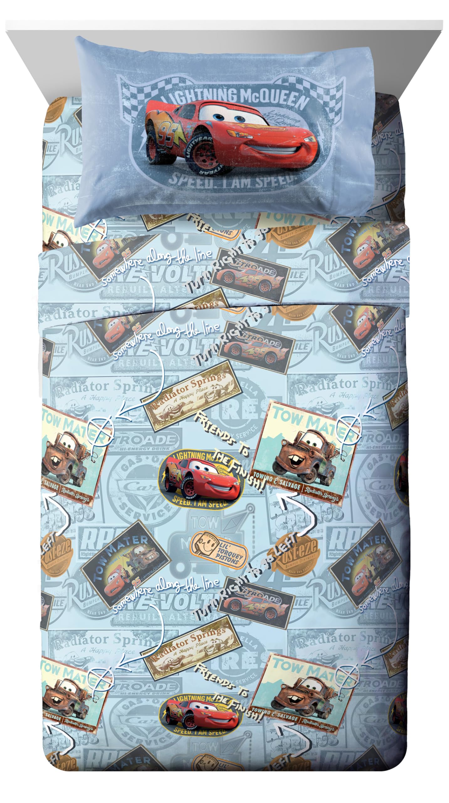 Jay Franco Disney/Pixar Cars Tune Up Blue/Gray 4 Piece Full Sheet Set with Lightning McQueen & Mater (Official Disney/Pixar Product)