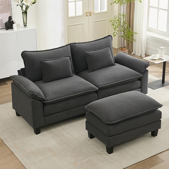 URRED Cloud Couch Modular Sectional Sofa, 87" Modern L Shaped Deep Seat Sofa with Ottoman & Pillows, Ultra Comfy Velvet Couches for Living Room, Bedroom or Apartment, Dark Gray