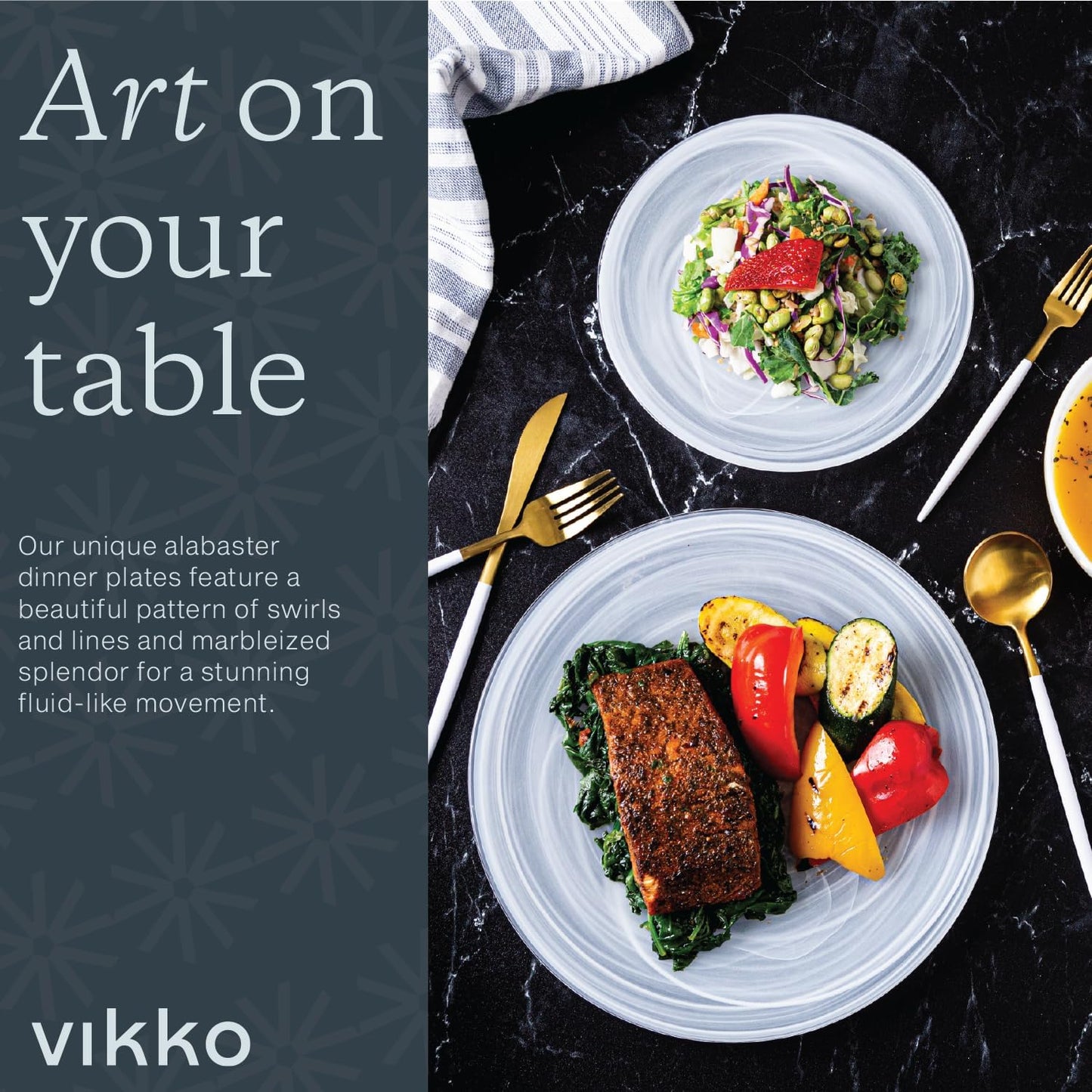 Vikko Dinner Plates, Set of 6 White Alabaster Plates, 11" Plate with Marbelized, Swirl Design, Elegant Glass Plate, Dishwasher Safe