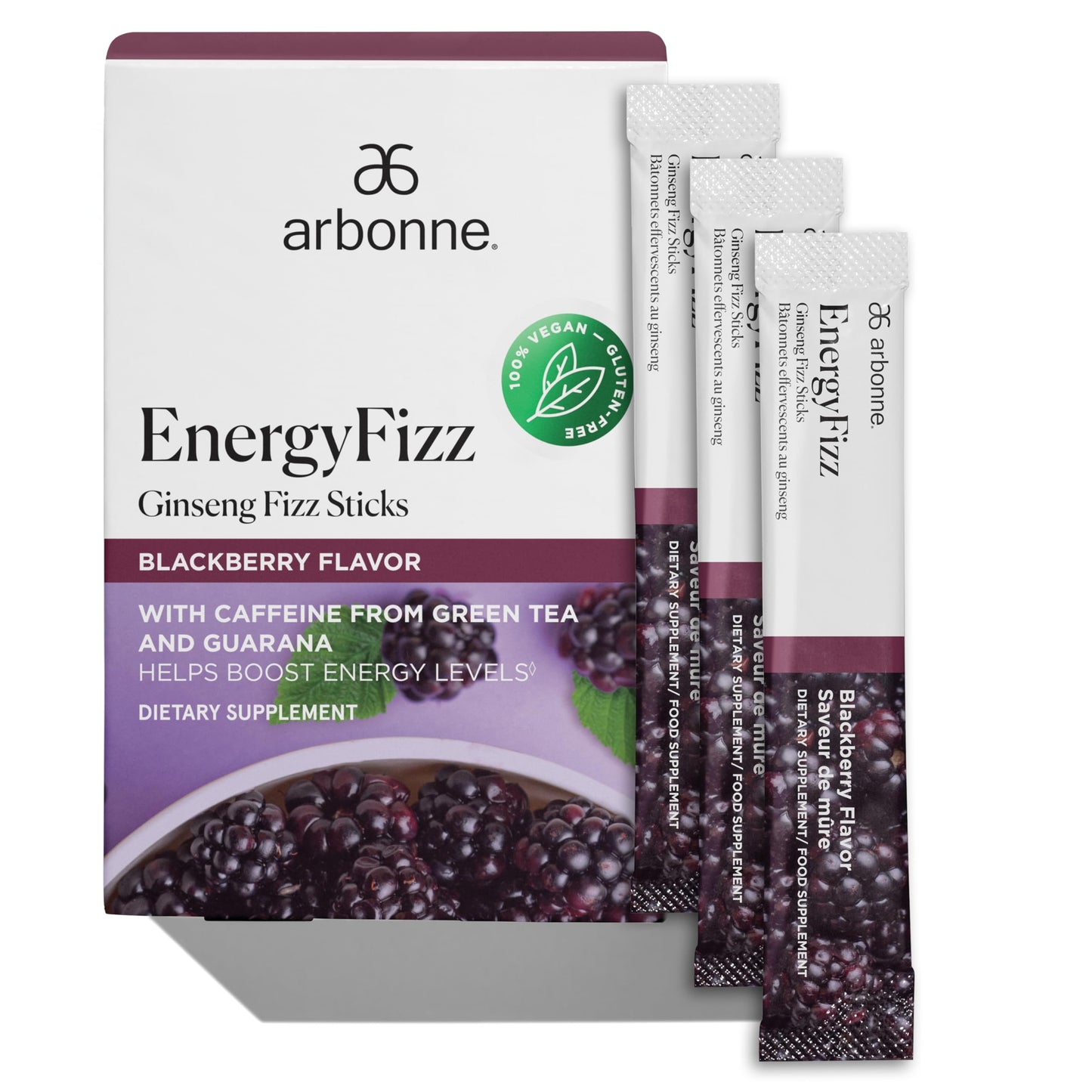 Arbonne Ginseng Energy Supplements - Blackberry Flavor Fizz Sticks, Energy Boost with Caffeine Powder from Guarana and Green Tea, Delicious Alternative to Caffeine Pills