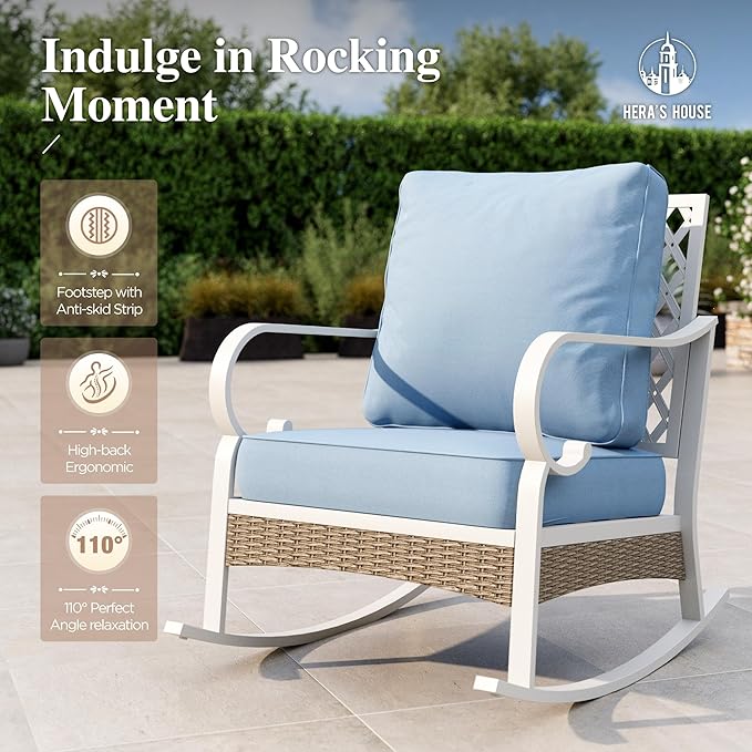HERA'S HOUSE Patio Furniture Set with Metal & Rattan Design 4-Piece, 2 Rocking Chairs, 2-Seat Lover Sofa & Marble Coffee Table, All-Weather Outdoor Conversation Set for Garden Backyard Lawn, Blue