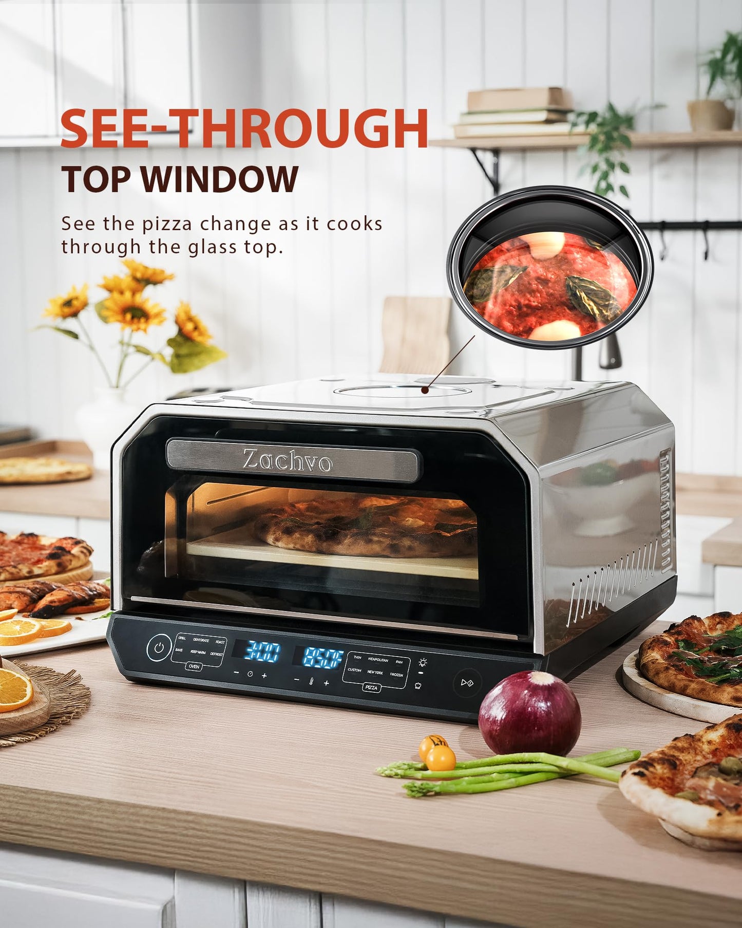 Indoor Pizza Oven, 12 Inch Pizza in 90 Seconds, Heats up to 850°F Pizza Maker, 10-in-1 Countertop Electric Pizza Oven with 6 Touchscreen Presets, Silver
