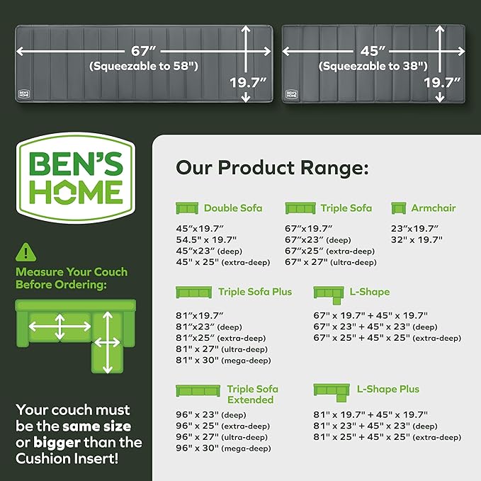 BEN'SHOME® Heavy Duty Sectional Cushion Support Board – Instantly Repair Sagging Sofa Seat | 19.7 x 67+45" | .5" Furniture Grade Wood Under Cushions Insert, Anti-Slip, Extend Sofas & Couches Life