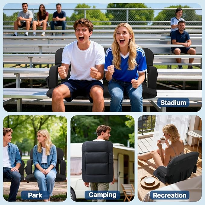 DEKEMASTER Stadium Seats with Back Support, Exclusive Sofa Style Design 25inch Wide Bleacher Chairs with Extra Thick Back and Cushion, 6 Reclining Positions for Sport Events Camping