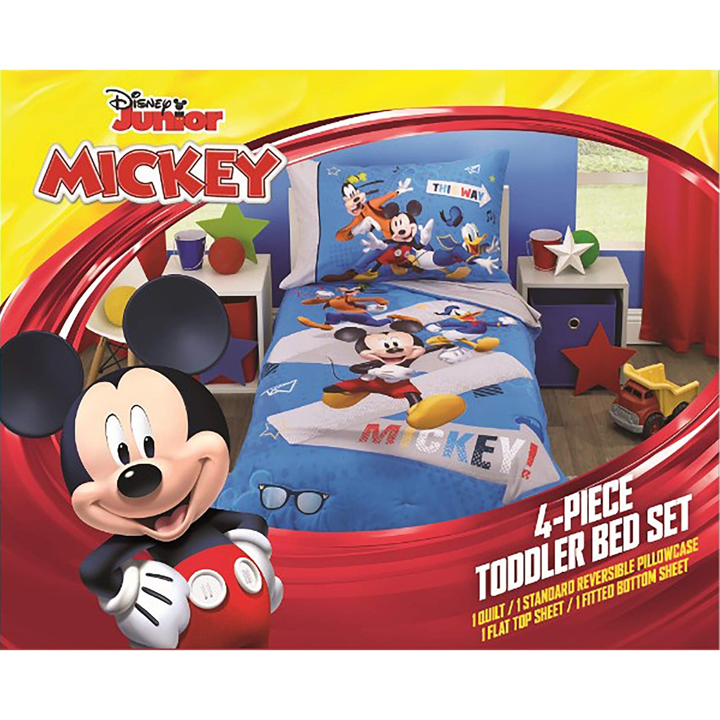 Disney Mickey Mouse Toddler Bed Set | 4 Piece Bedding Set | Fitted Sheet, Pillow Case, Top Sheet, and Comforter Quilt - Blue