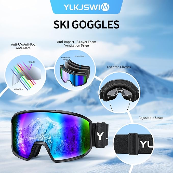 Ski Goggles for Men Women, OTG Snow Goggles, UV Protection Snowboard Goggles for Adult & Youth, Snowmobile, Sledding